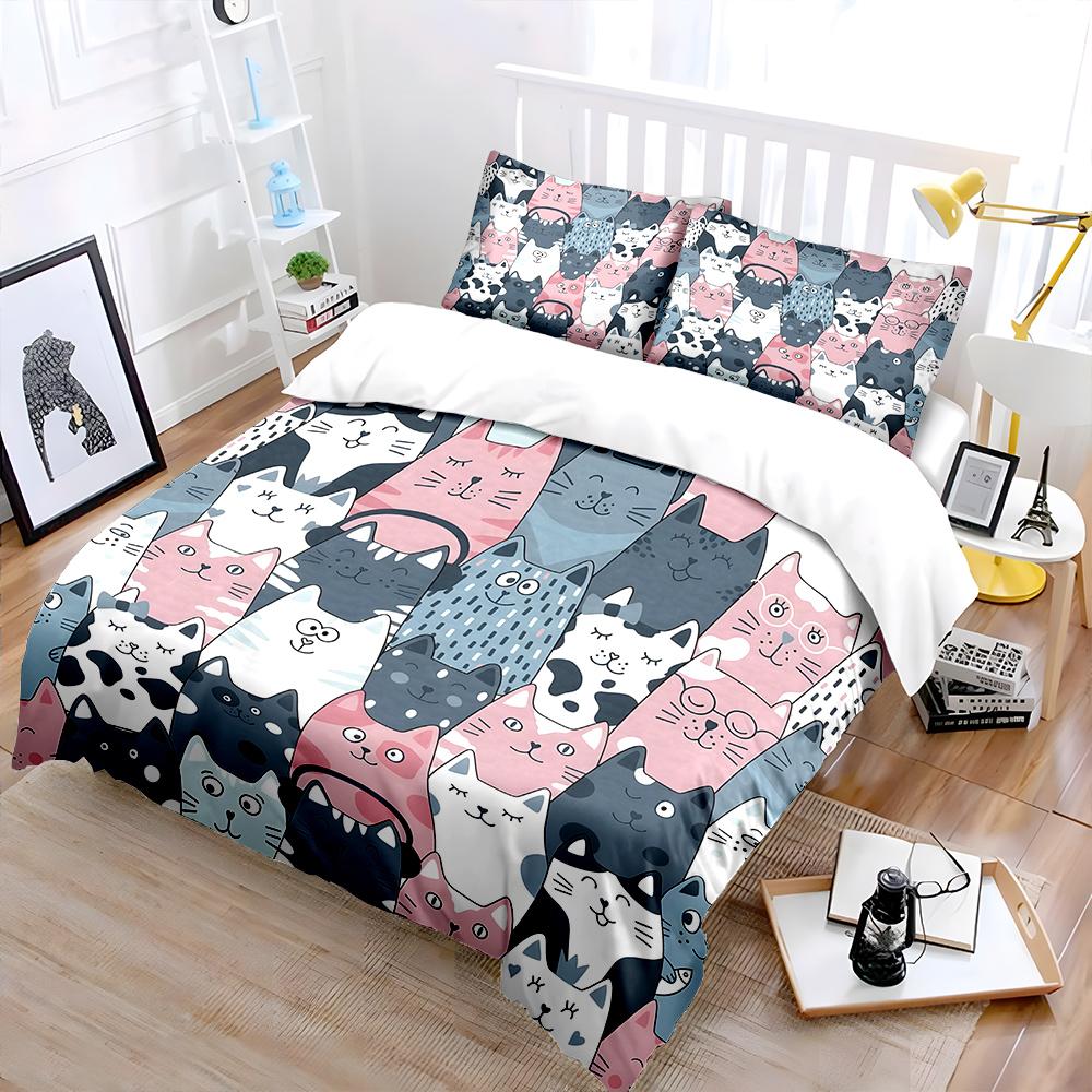 Cute Cartoon Cat Pattern Bedding Set For Kids Luxury Gift 3Pcs Digital Print Comforter Set Soft Comfortable Breathable