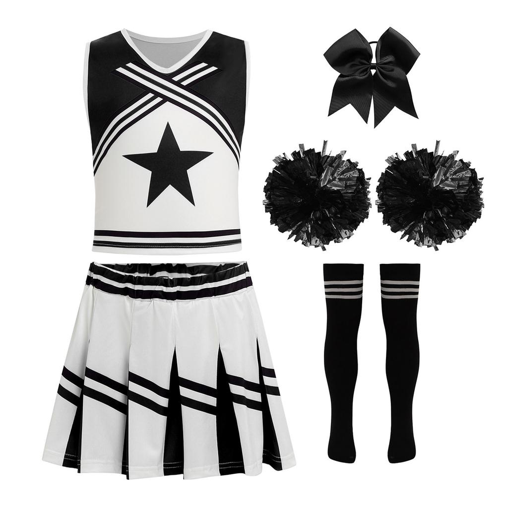 Girls Cheerleader Outfit Color Contrast Print Sleeveless Top Pleated Skirt Hand Flowers Socks Set