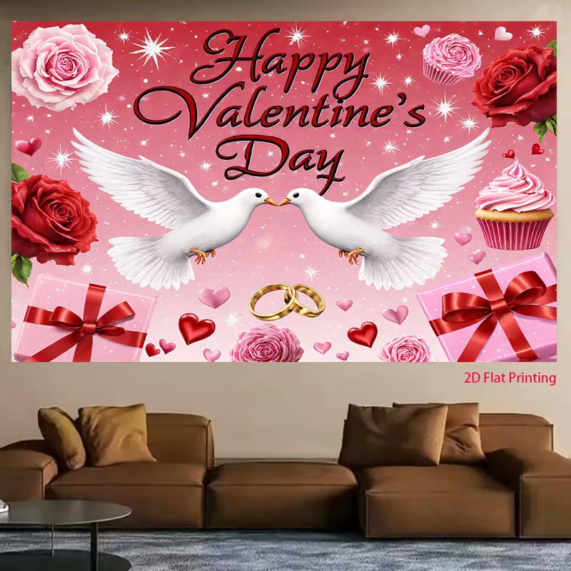 

Romantic Pink Valentine s Tapestry, Hearts, Gifts & Wedding Rings Print 47.2x31.5inch/120*80cm