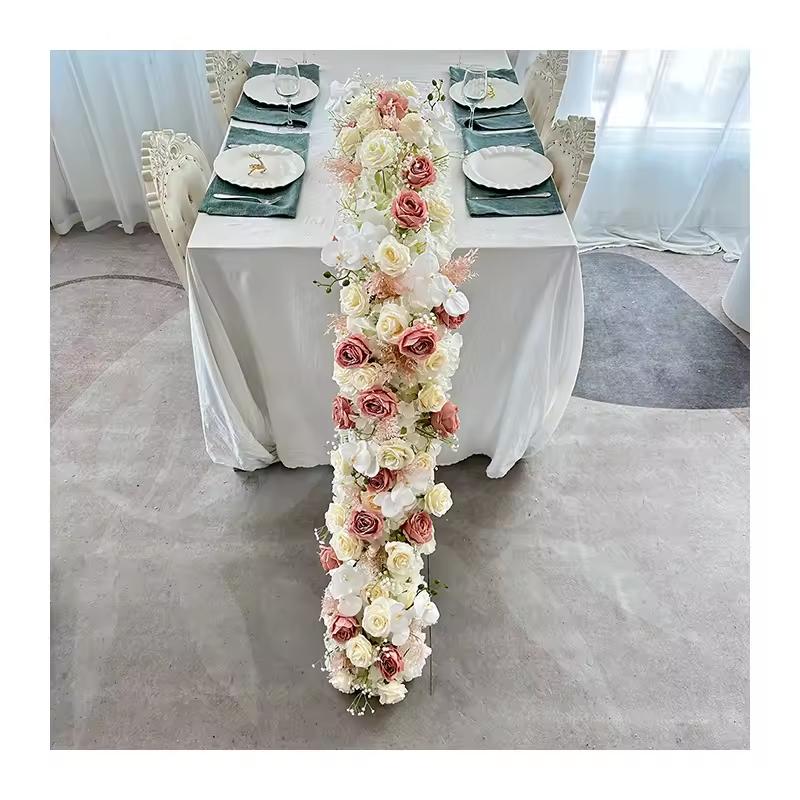 

Uflower 200cm Atficial Pink Flower Row Runner Elegant Artificial Center Stage Background for Wedding Party Home Decoration 50x30cm