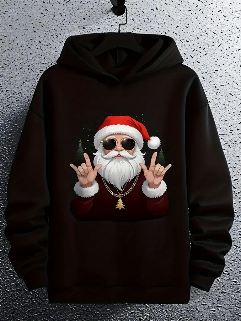 unisex Santa Claus with Golden Chain Letter Print Hooded Sweatshirt - Black/Street Style, Winter Pullover, Suitable for Christmas Layering and Daily C