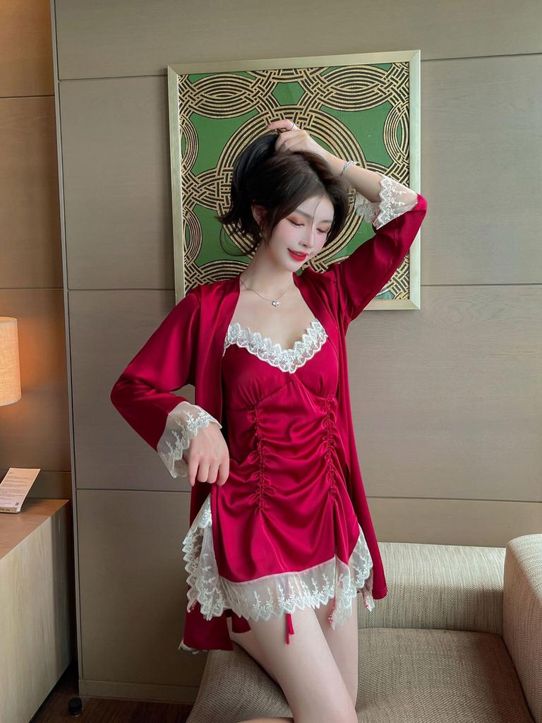 Pajamas Women's Summer Ice Silk Nightgown Two-piece Set High-end New Pure Desire Sexy Loungewear Spring and Autumn