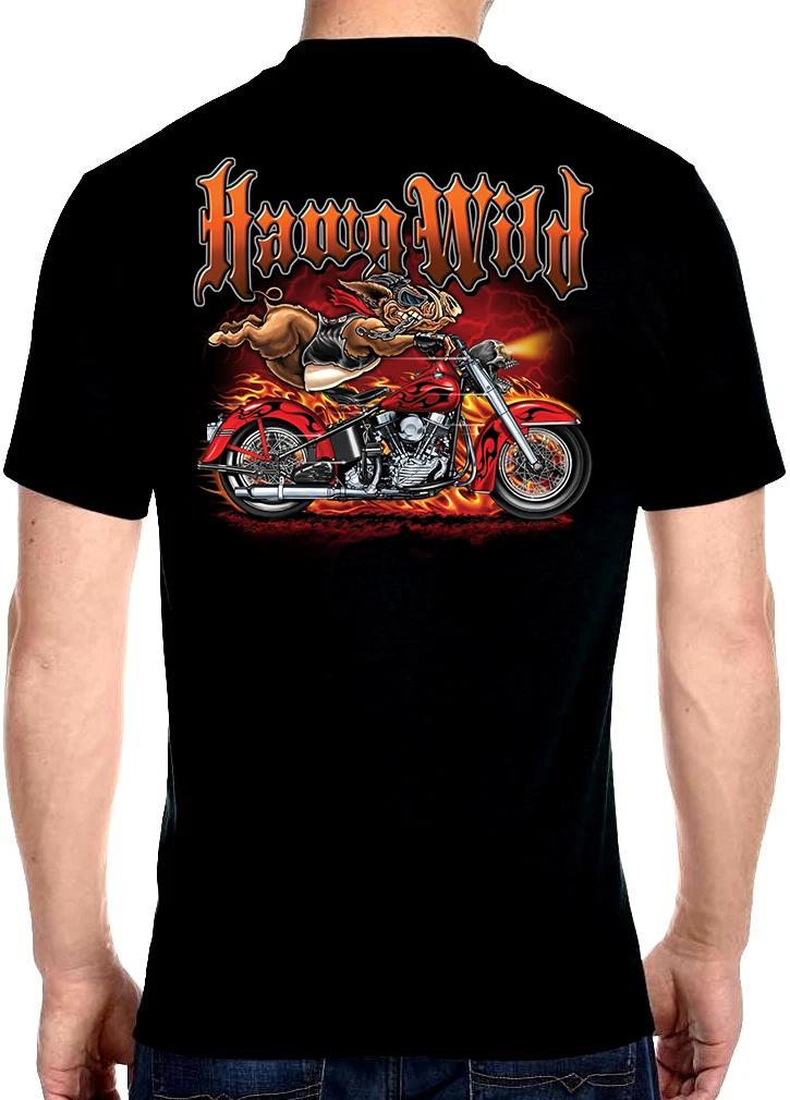 Mens Hawg Wild Hog Motorcycle Flames Biker Tee Shirt