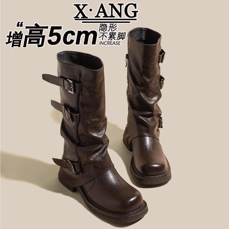 Leather Coarse Heel Knight Boots Women's Belt Buckle Pleated Pile Boots Autumn New Western Cowboy Boots Medium Boots