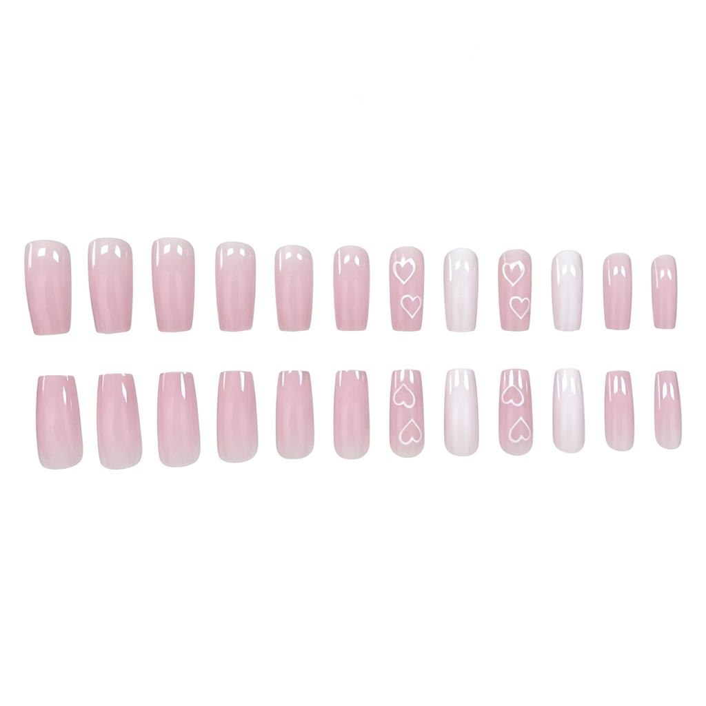 24 Pieces Of Manicure Peach Powder Love White Glossy Valentine'S Day Super Long Square Wearing Nail