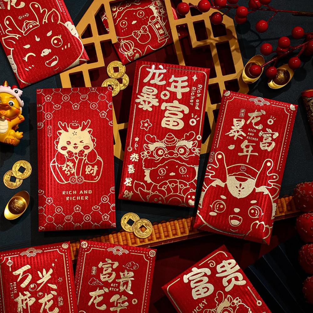 

6pcs Paper Hongbao Cartoon Lucky Money Bag Blessing Bag Long Red Envelopes Spring Festival