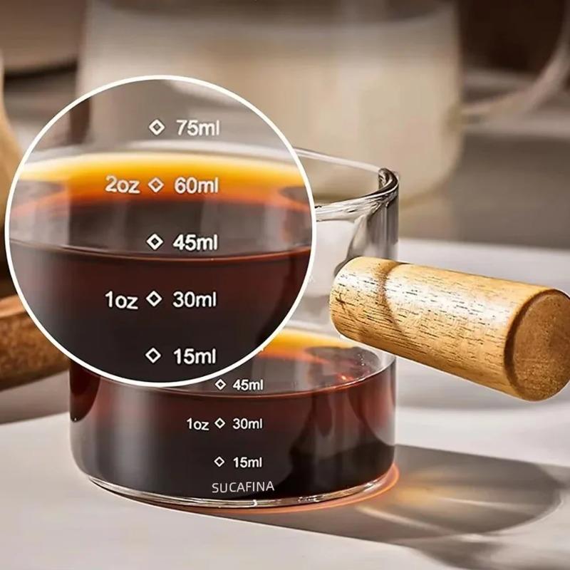 1/5PCS Glass Measuring Cup Wood Handle Glass Espresso Measuring Cup Double Single Mouth Milk Coffee Clear Mug Coffee Supplies