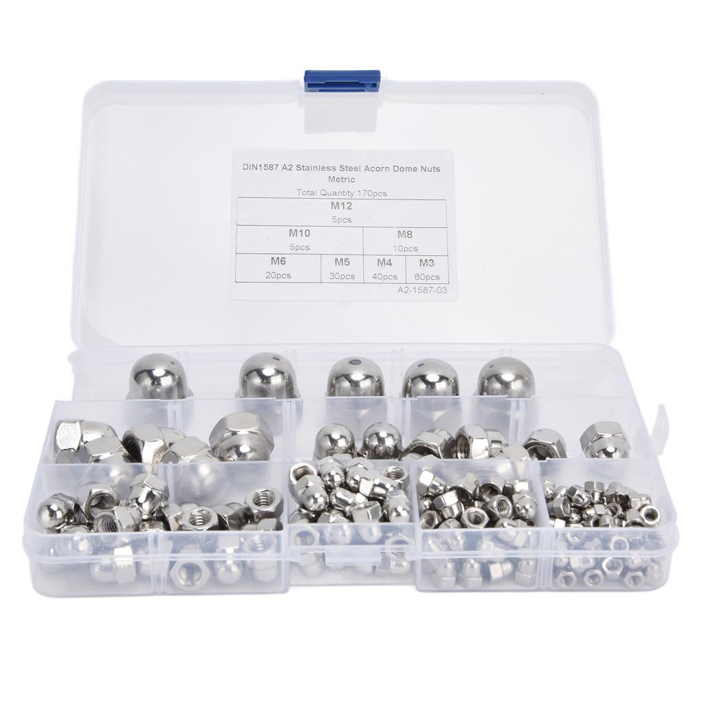 170Pcs Acorn Nuts Dome Head 304 Stainless Steel Caps Nut Assortment Kit for Industry