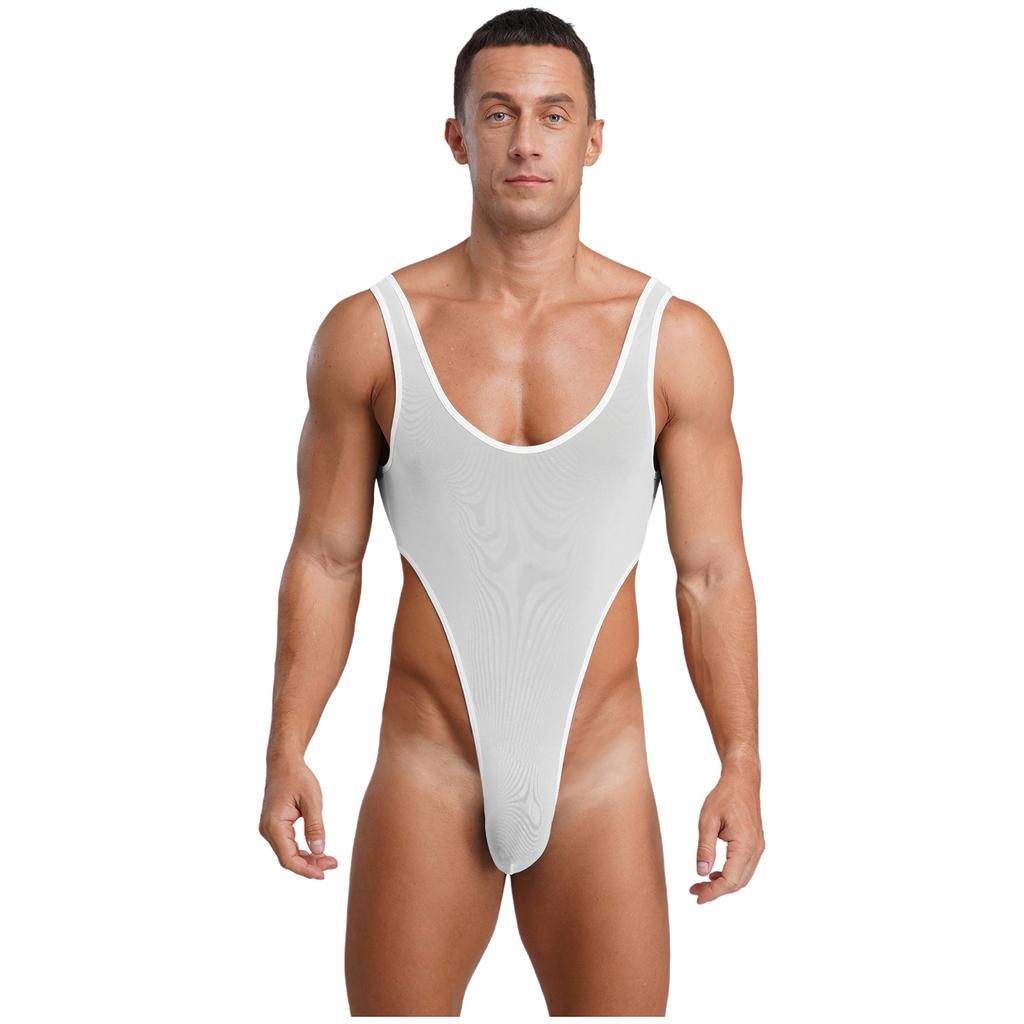 Herren Durchsichtiges Netz Ärmellos Offener Rücken Beutel Hoher Beinausschnitt Einteiler Bodysuit Jumpsuit