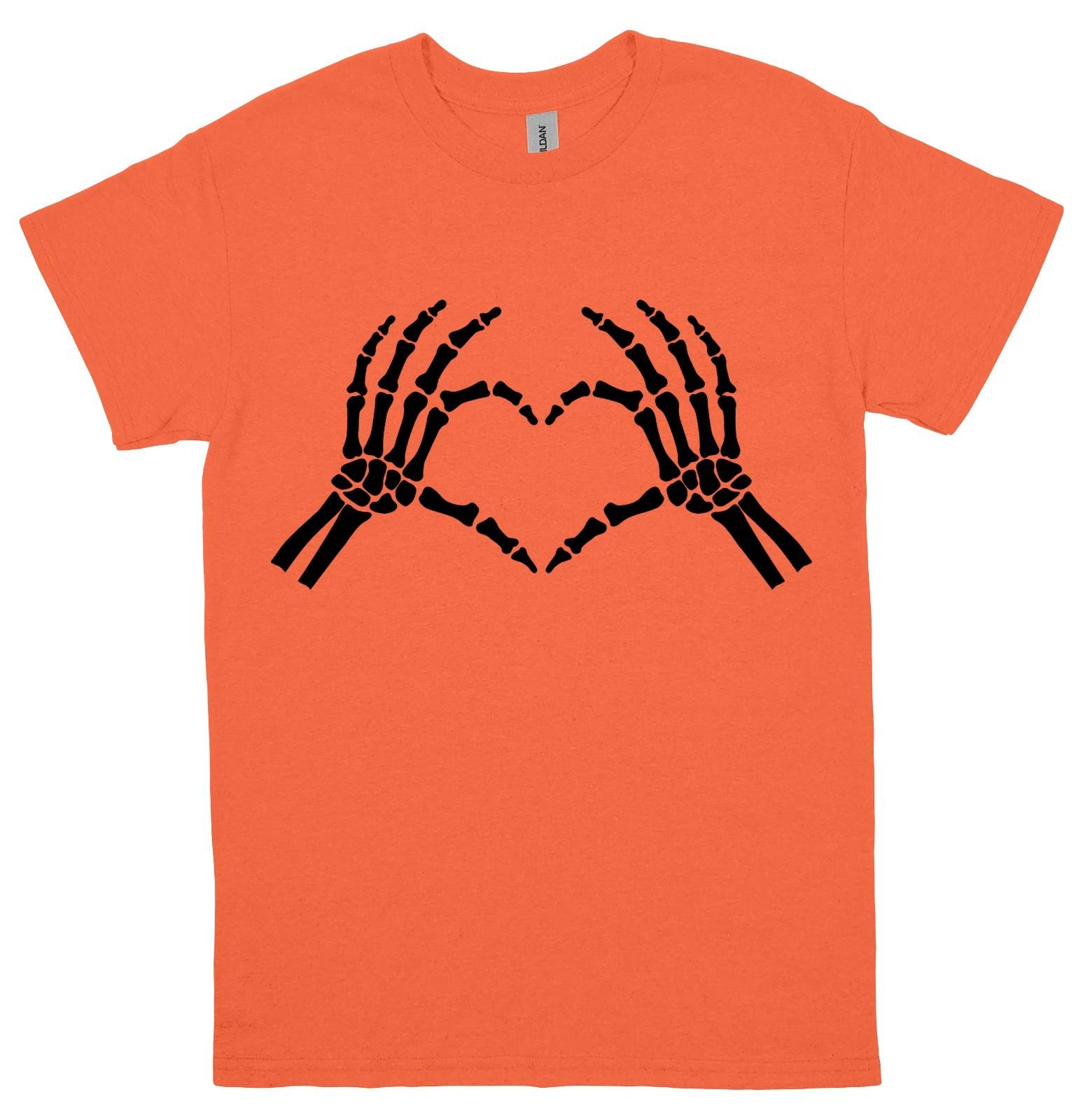 Skeleton Heart Hands Retro T-Shirt Mens Womens Costume Tee Halloween Orange S