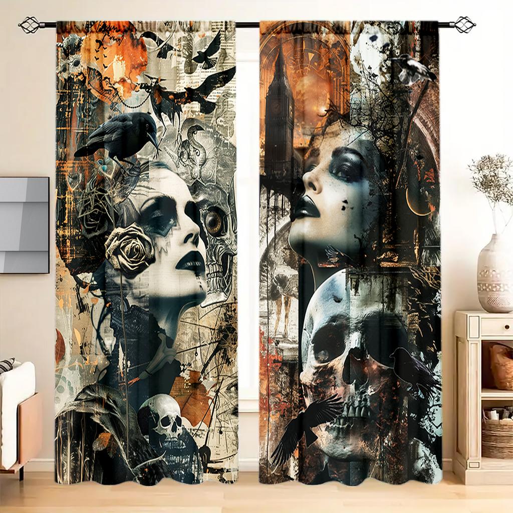 2pcs Retro poster style Printed Curtain for Home Decor - Rod Pocket Window Treatment for Bedroom, Office, Kitchen, Living Room,