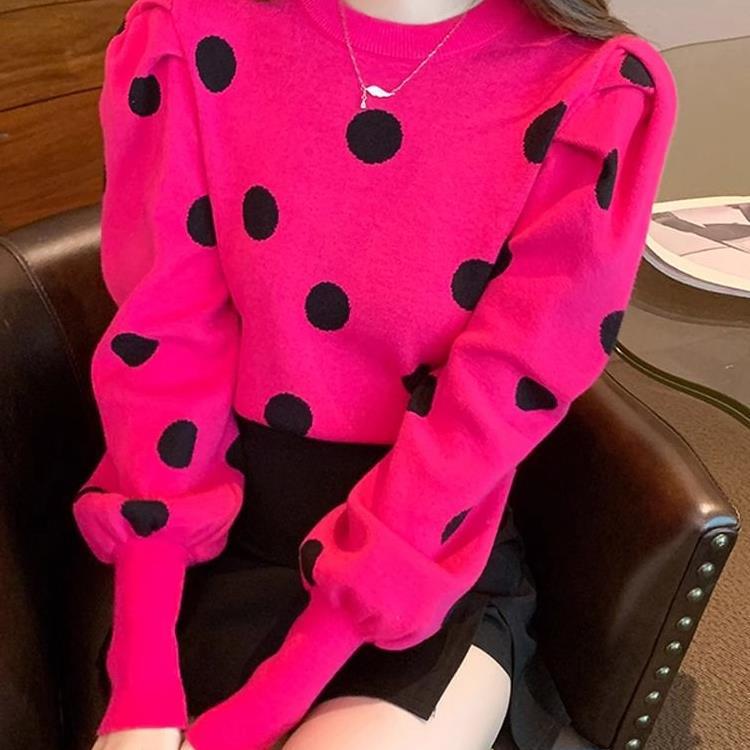Autumn Polka Dot Puff Sleeve Knit Sweater - Slim, Versatile, Round Neck Style