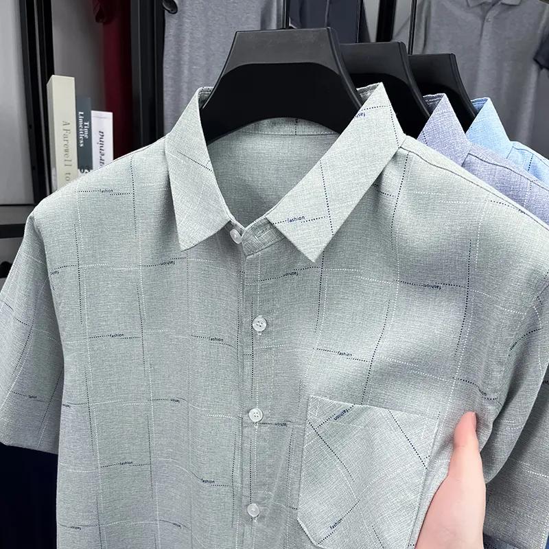 Мужская светло-голубая рубашка в клетку с коротким рукавом, повседневная, на пуговицах, деловой топ L серый