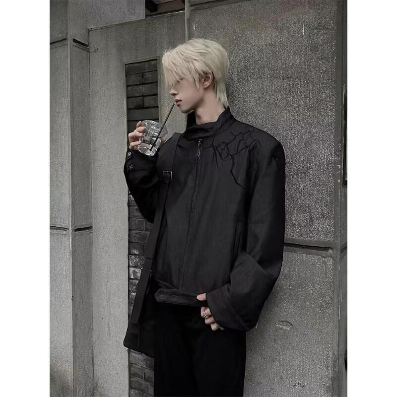 Men s Windproof Retro Stand Collar Motorcycle Jacket - Short, Loose Fit, High-End Design 2XL