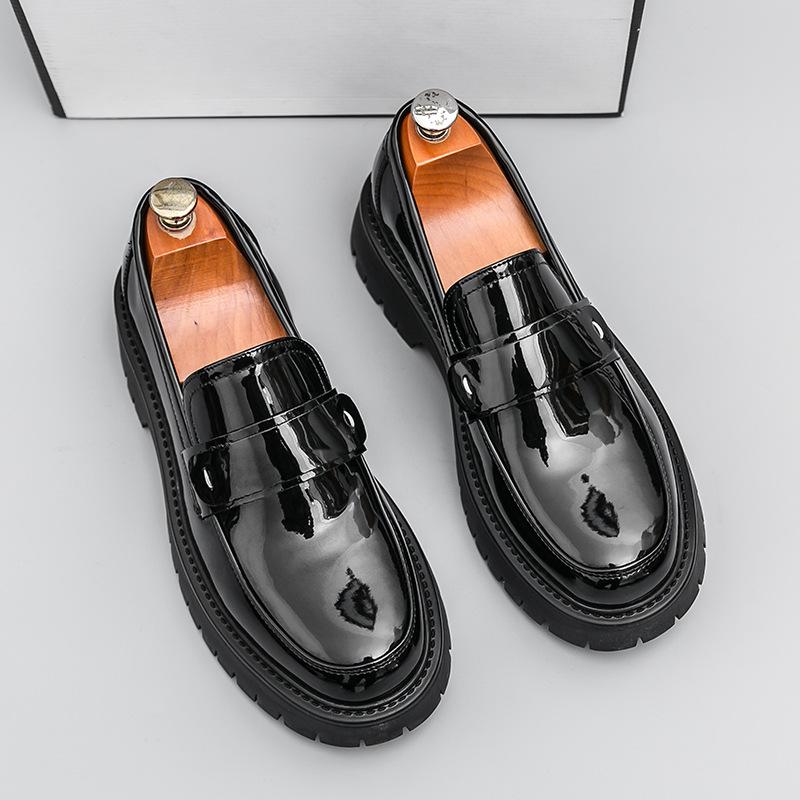 Loafers Men's Thick Soles Increase Height British Style Round Head Casual Small Leather Shoes Business Dress One Pedal Big Head Men's Shoes Tide