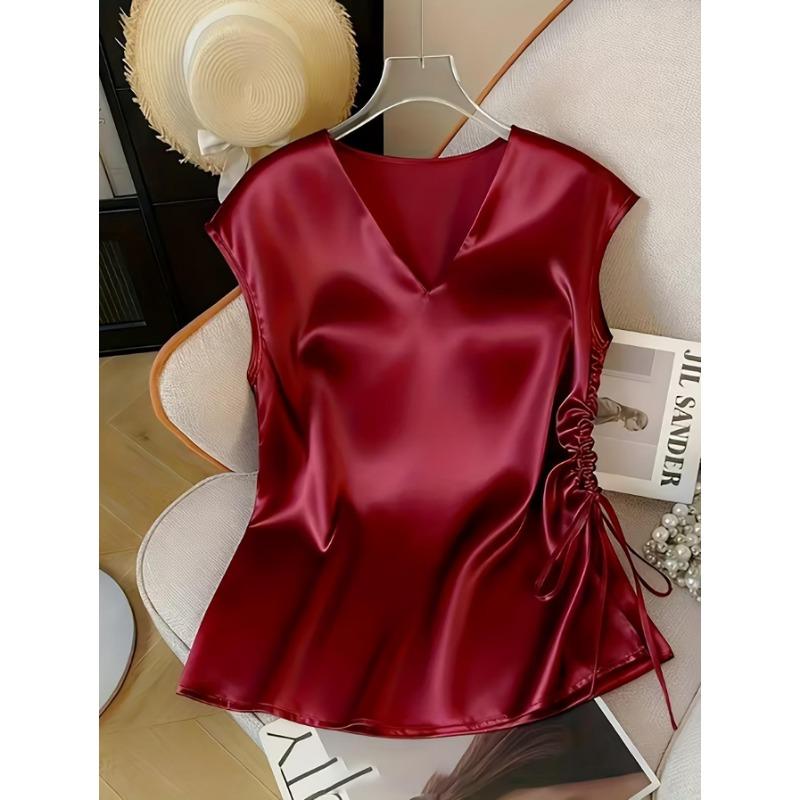 Women Satin V Neck Blouse Elegant Short Sleeve Side Drawstring Ruched Top Summer Casual Work Office Tunic Fashion Sleeveless Sweet Tank Tops for Women