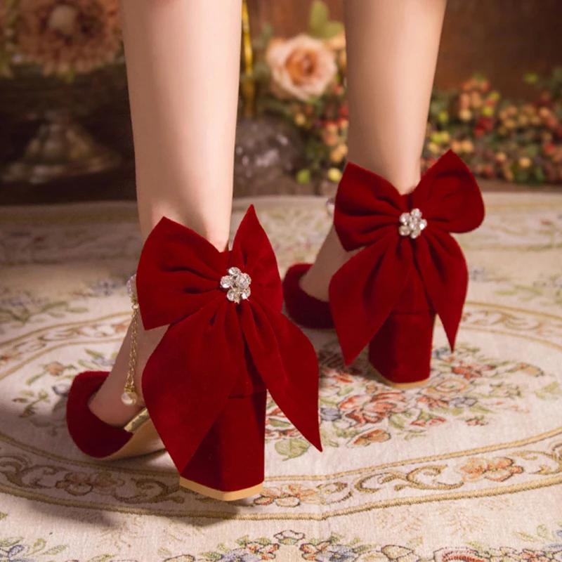 Jolis Escarpins à Talons Épais pour Femmes avec Grand Nœud Papillon Tendance Daim Rouge Perles Boucle Talons Hauts Chaussures pour Robe de Mariée pour Dames Femmes 34-40