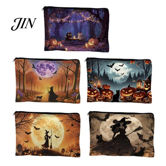 Witch Pumpkin Pattern Bag Storage Bag, with Smooth Zipper, Thickened Polyester Large Capacity Cosmetic Halloween Printed Pouch Reusable
