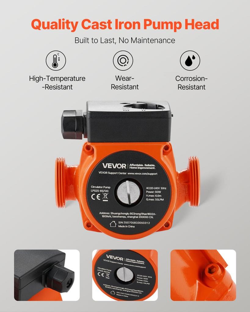 LPS25-6S/130 Cast Iron Circulator Pump, 1/8 HP, 220-240V 55 LPM Hot Water Recirculating Circulation Pump, Threaded Connection, 3-Speed Adjustment,