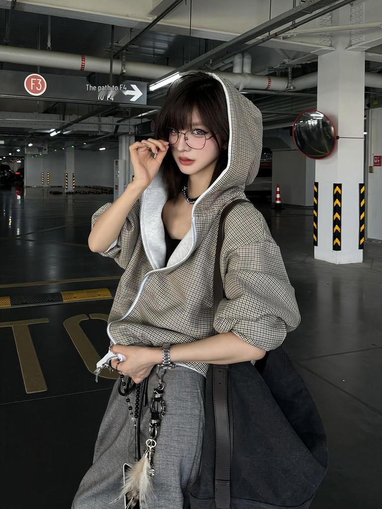 Cleanfit Reversible Houndstooth Hooded Sweatshirt – Men's Autumn/Winter Heavy-weight Zip Cardigan Jacket