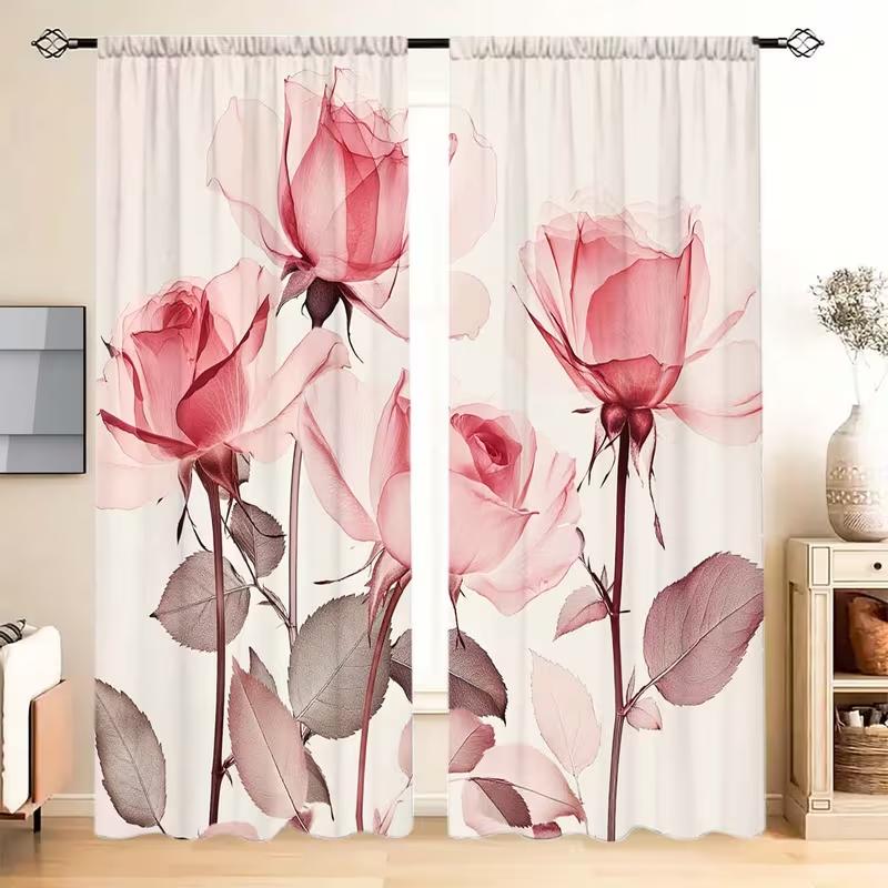 2pc Blooming Lotus Curtains, Chinese Pastoral Style, Suitable for Bedrooms and Living Rooms, Rod Pocket Decorative Curtains