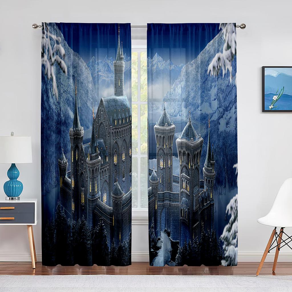Medieval Castle In Winter Scenery Sheer Curtains for Living Room Bedroom Decor Window Tulle Curtain Transparent Chiffon Curtains