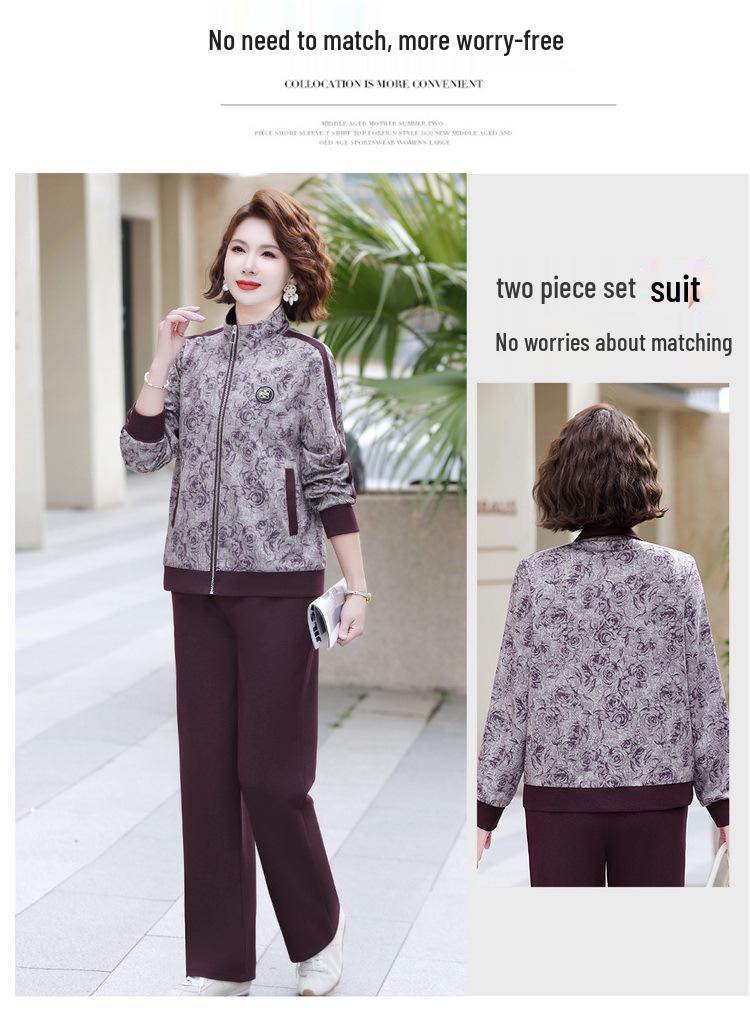 Women's 2026 Elegant Spring/Autumn Sportswear: Fashionable Mom Style Two-Piece Set for Middle-Aged & Elderly