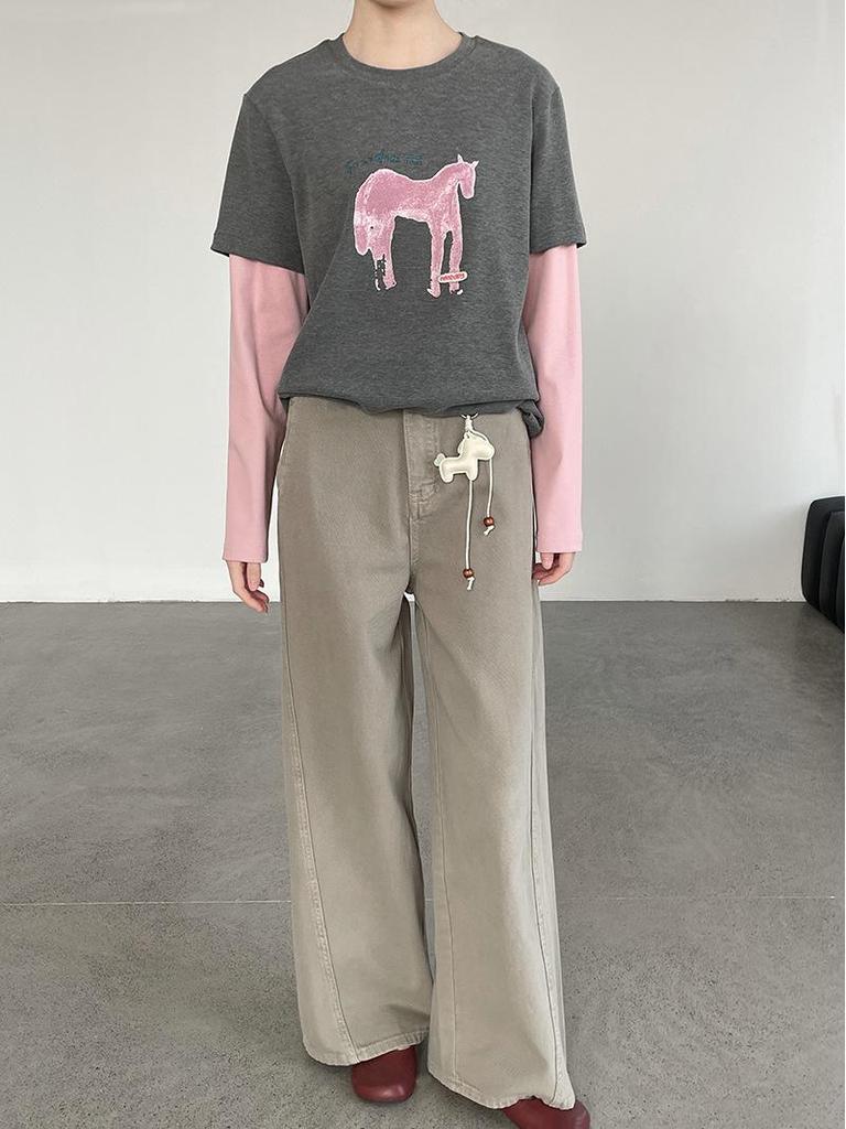 Taoguan Frühling Damen Schlankmachendes Rundhals-T-Shirt mit kleinem Pferdeaufdruck Two-in-One