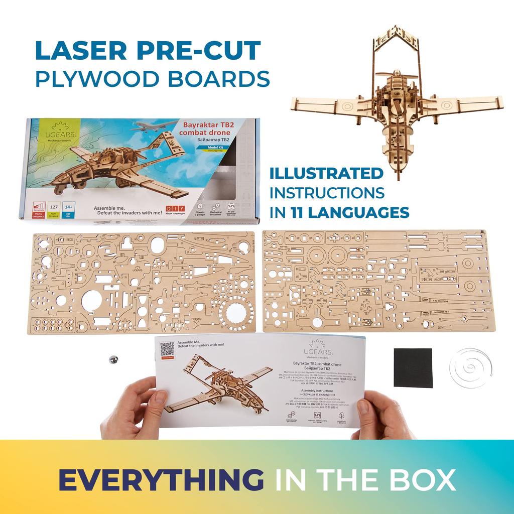 Ugears Combat Drone Bayraktar TB2 70189 Wooden Puzzle, Crafts & Models, No Glue or Tools Required, for Adults
