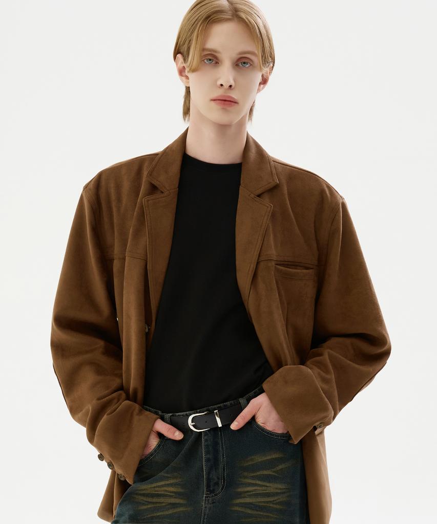 Trillion Suede Elbow Patch 3-Button Blazer Jacket [Brown]