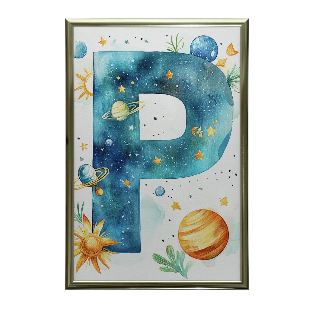 Plakat Literka P W Kosmosie Plakat Literka P W Kosmosie, 50X70 Cm, Rama Aluminiowa Złota, Papier Matowy 230 Gsm