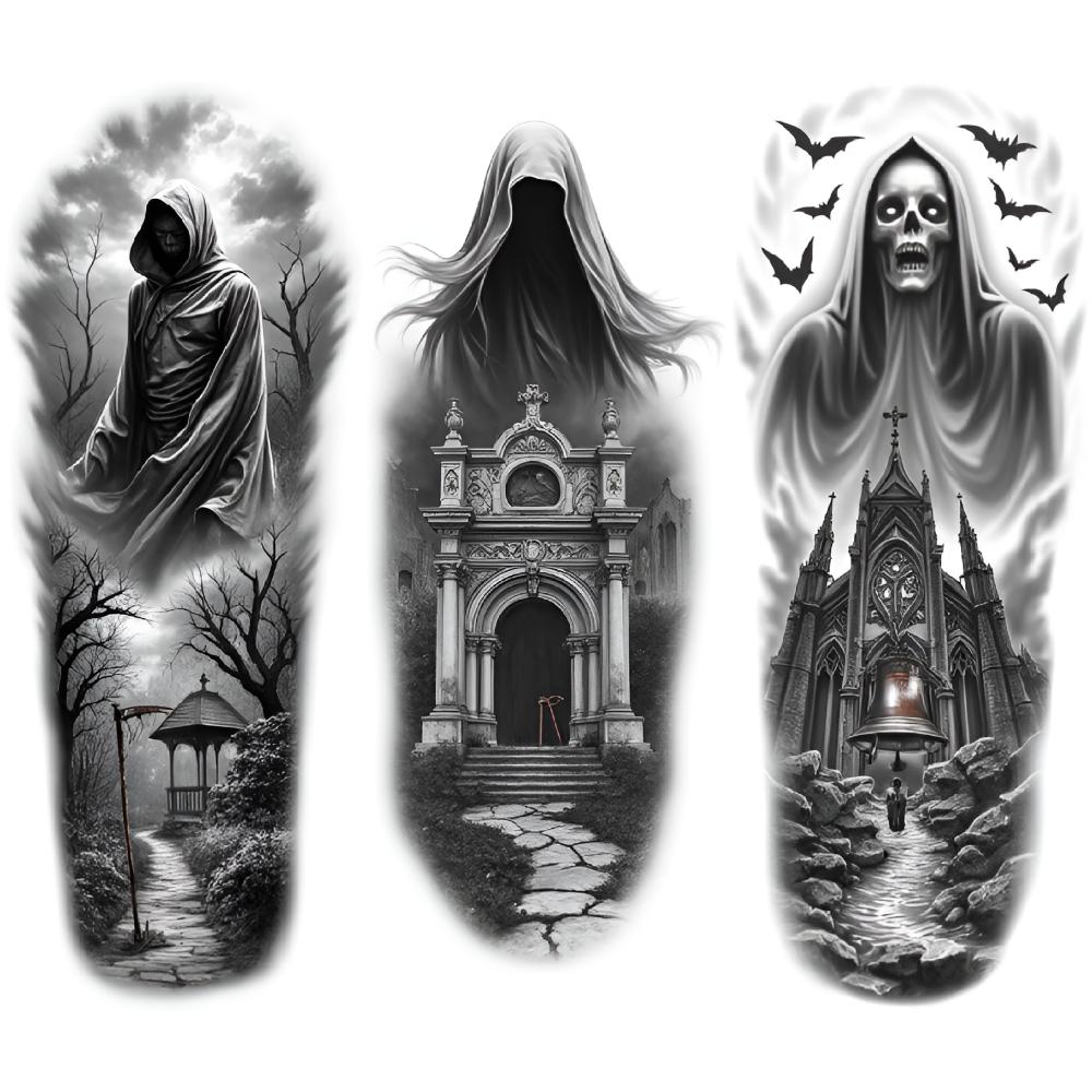 3pcs Temporary Tattoo Black And Grey Realism Hooded Figure Clock Tower Tree For Adults Thighs Men