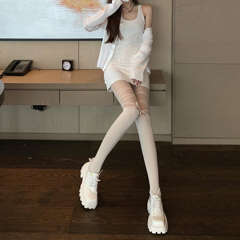 Bow Strap Stockings Sweet Beautiful Woman Jk Ballet Thin Sexy Black Pantyhose Pure Desire Milk White Stitching