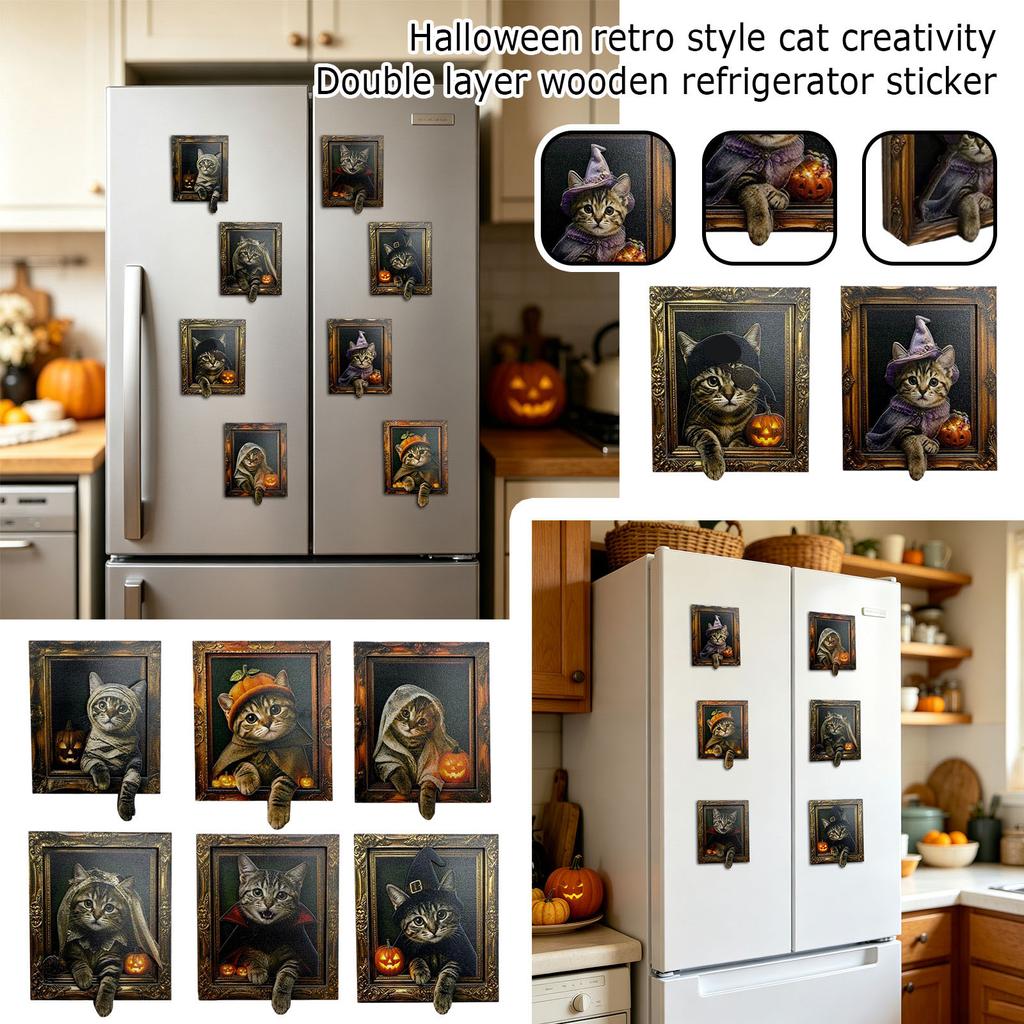 Retro Halloween Wooden Refrigerator - Double Layer Fridge Decor for Kitchen, Home Decor Gift