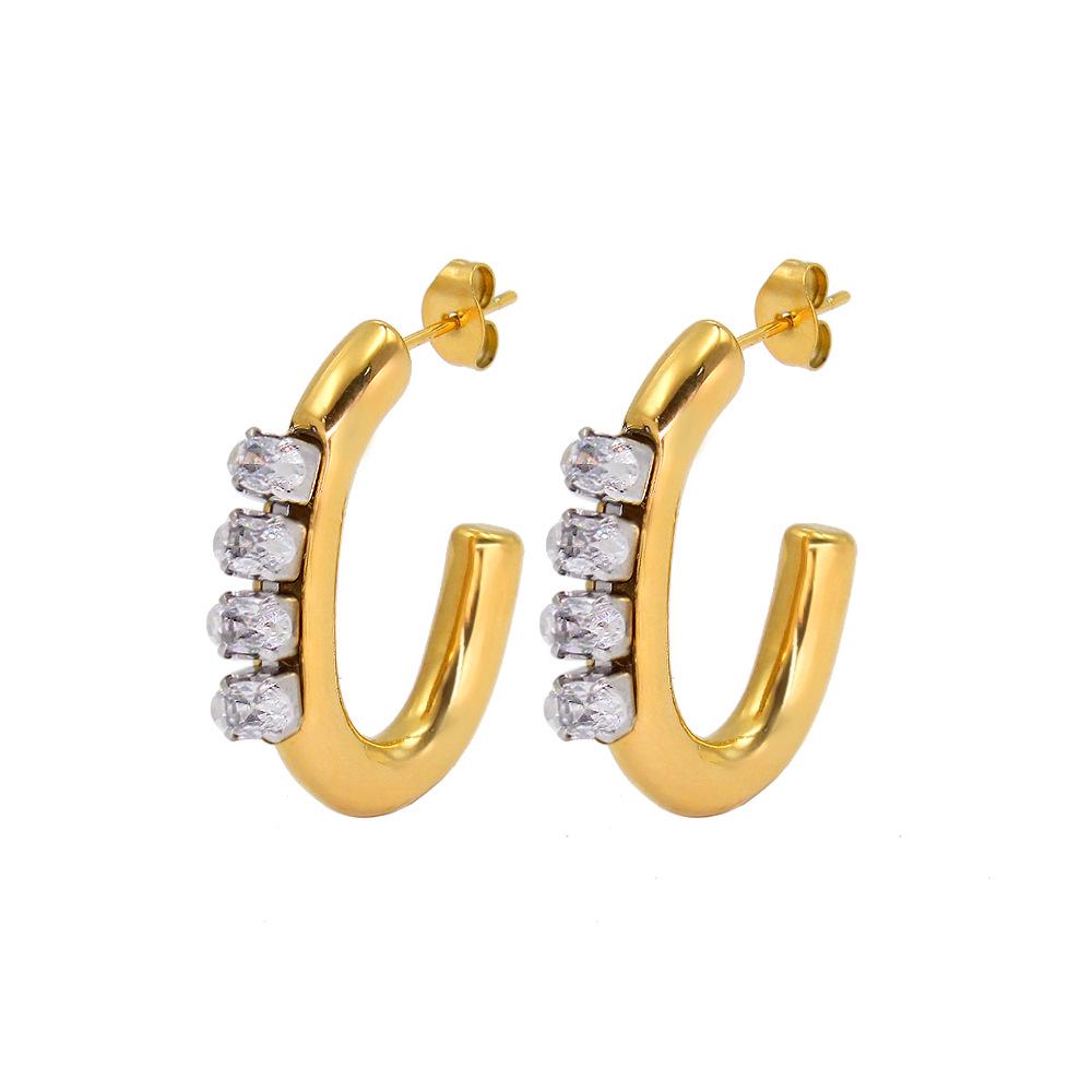 18K Electroplated Diamond Hoop Earrings: French Retro Geometric Stainless Steel Studs for Women