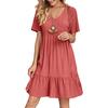 Women Summer Dress V Neck Short Sleeves Pleated Loose Hem Patchwork Dress-up Pullover A-line Summer Mini Dress Female Garment