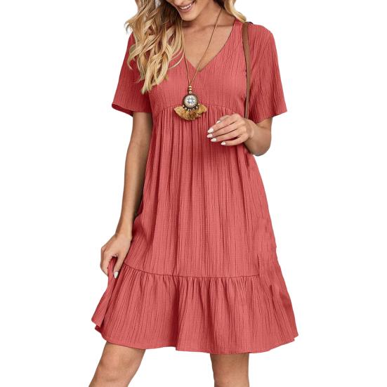 Women Summer Dress V Neck Short Sleeves Pleated Loose Hem Patchwork Dress-up Pullover A-line Summer Mini Dress Female Garment