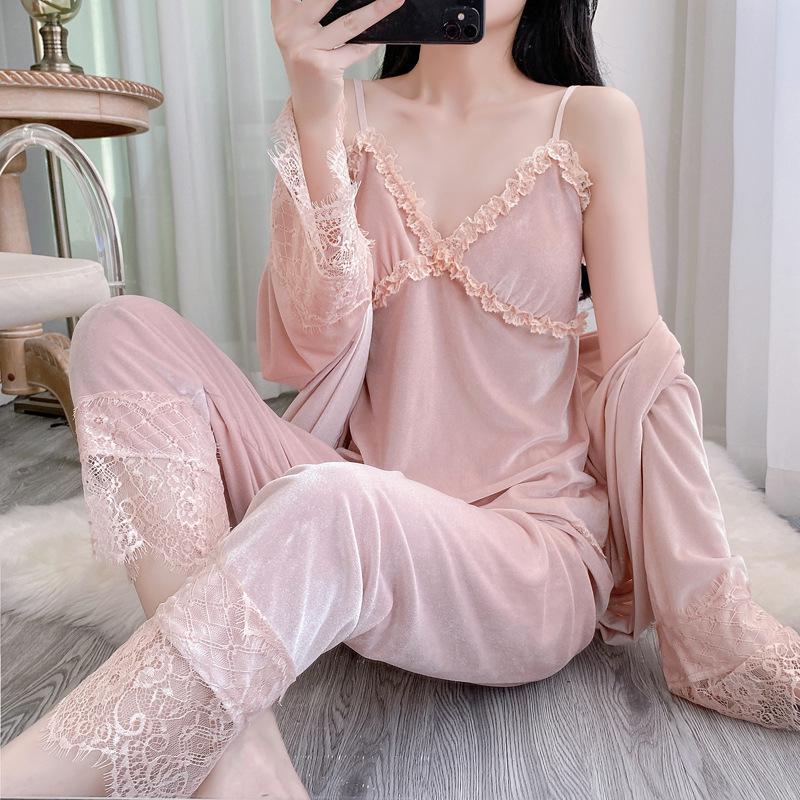 Golden Velvet Lace Nightwear Set: Sexy Camisole, Long Pants, and Robe with Breast Pads for Autumn/Winter Comfort.