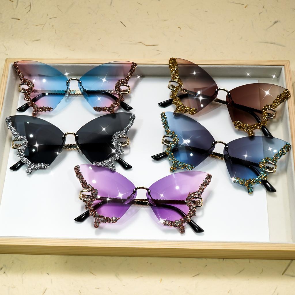 Butterfly Rimless Stylish Sunglasses for Women Men Bling Rhinestone Gradient Tint Decorative Eyeglasses for Costume Party