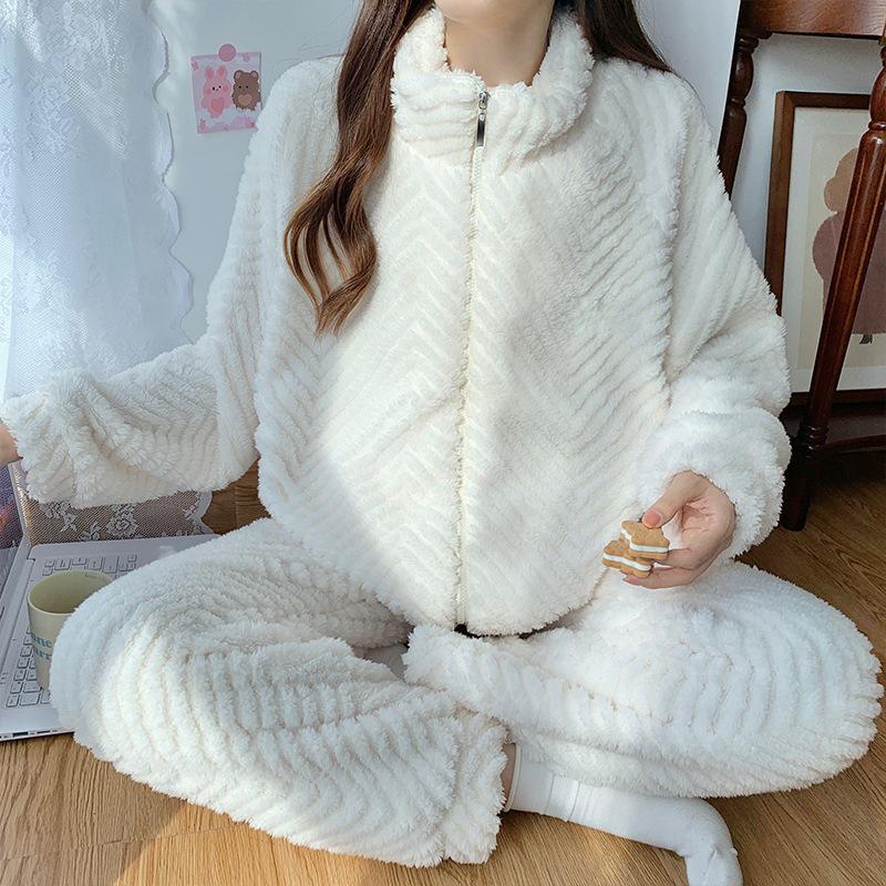 Pijamale Jacquard din Fleece Coral pentru Femei: Cardigan drăguț, călduros, cu guler înalt cu fermoar pentru toamnă și iarnă