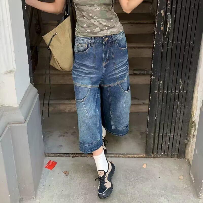 American retro washed old denim shorts summer men and women loose and versatile and thin straight wide-leg cropped pants tide
