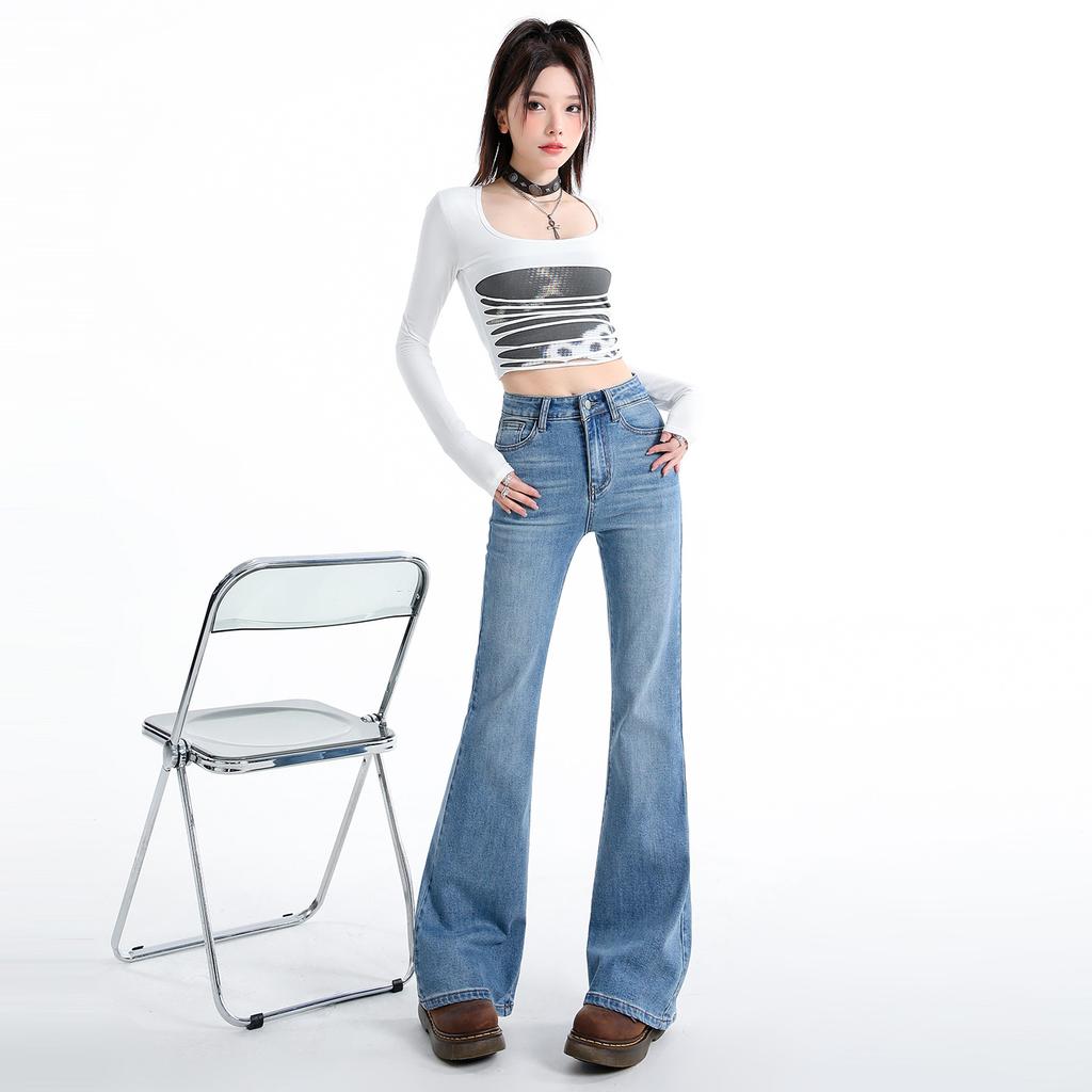 Retro high-waisted Spice Girl Flared Jeans Women's Spring New Elastic Slim Skinny Pear-shaped MM Micro Pants