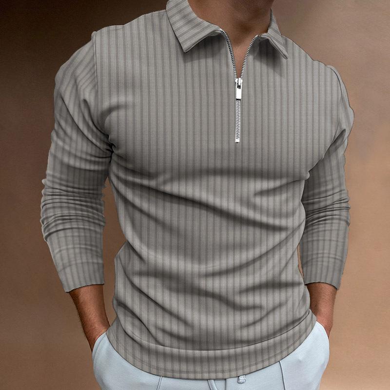 Autumn Men's Printed Solid Color Striped Zipper POLO Shirt