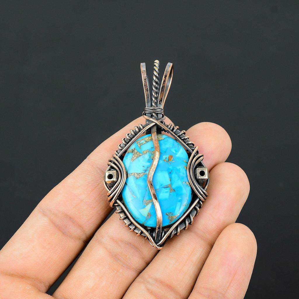 Copper Turquoise 999 Copper Wire Wrapped Pendant, Handmade Gemstone Pendant Jewelry, Gifts For Wife Brand New Pendant