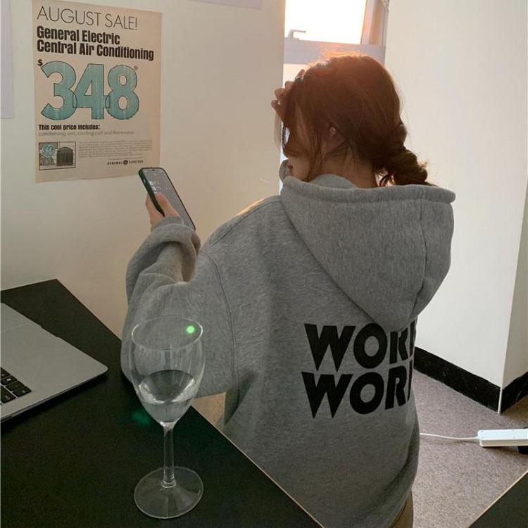 Lös långärmad huvtröja för kvinnor enfärgad O-hals pullovertoppar