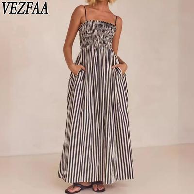 Women's Fashion Summer Spring Stripe Print Sleeveless Suspenders High Waist Casual Dresses