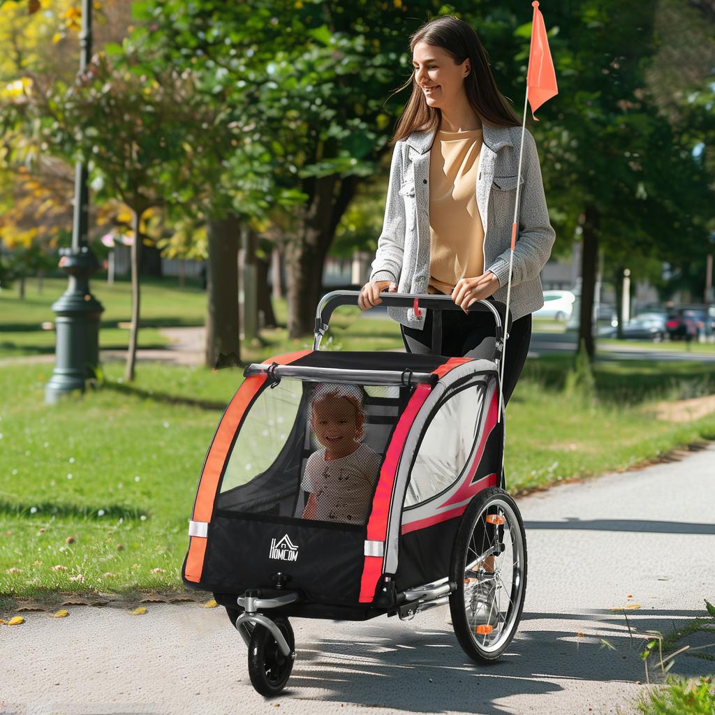 Carrellino Bici per Bambini, 2-in-1, Funzione Jogging, Telo Resistente alle Intemperie, Telaio in Acciaio, Rosso+Nero, 142 x 75 x 101cm