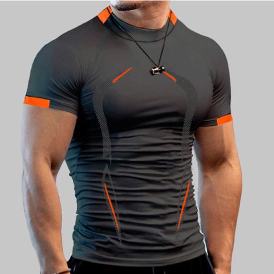 Camiseta Masculina Manga Curta Gola Meia Alta Estampada Costura Verão Corrida Compressão Streetwear
