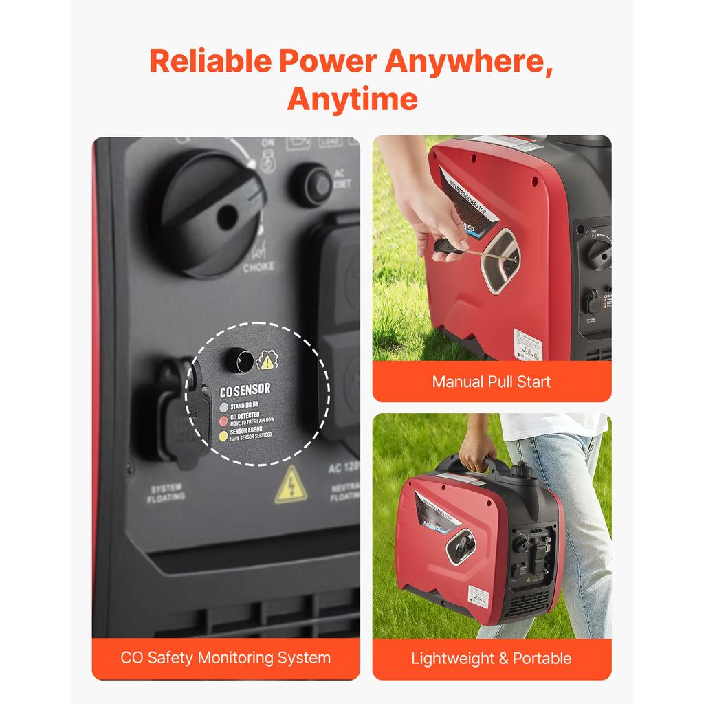 SucceBuy Inverter Generator 2900W Peak Watt Compact and Lightweight Design-Stable Power CO Sensor for Home Use Gas Red/Black