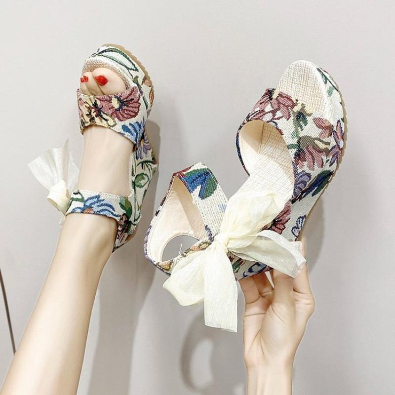 2026 Womens Pumps Summer Wedge Sandals Ladies Peep Toe High Heels Shoes Female Thick-soled Platform Flowers Print Party